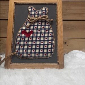 Vintage Plaid Cat Wall Decor with Red Heart handmade